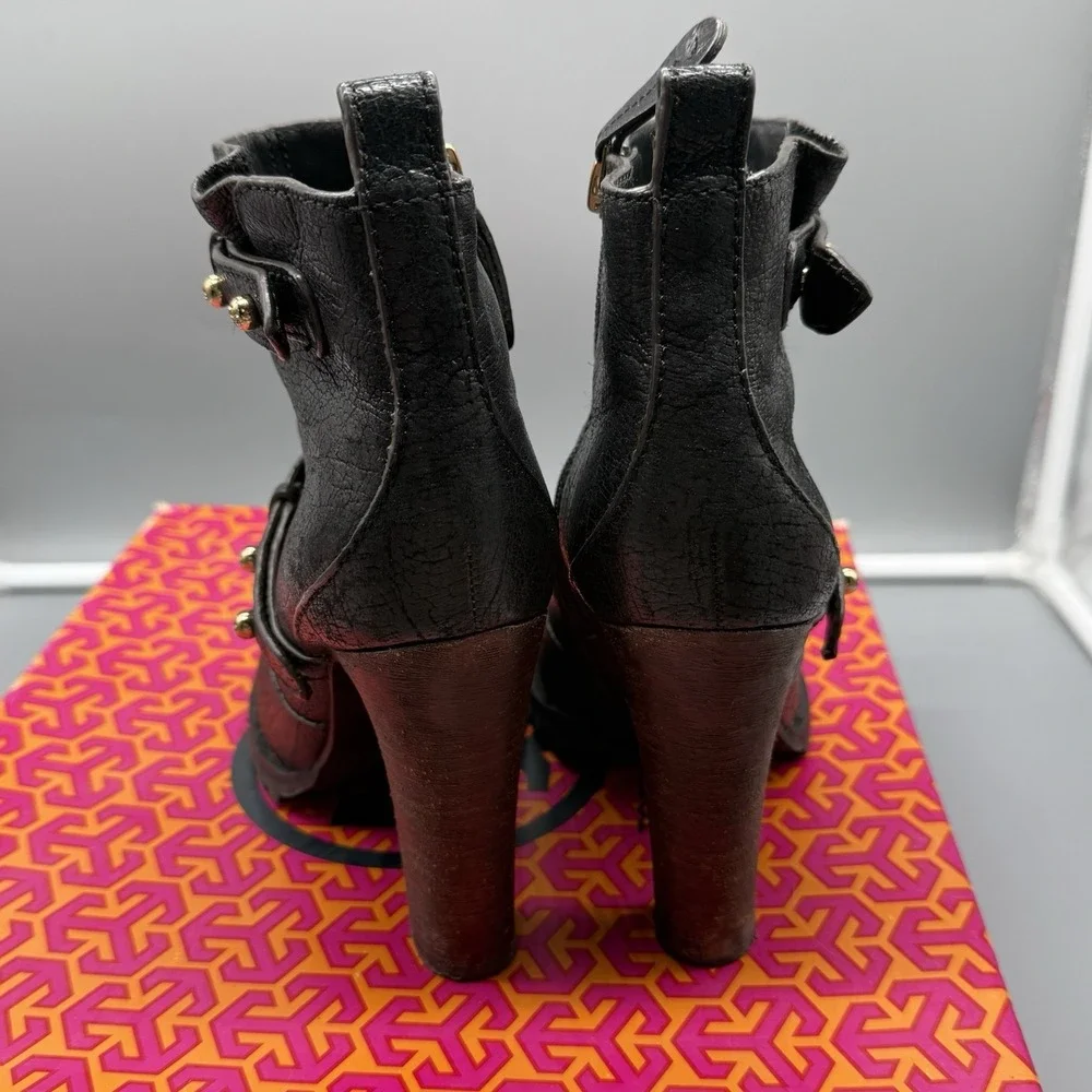 Tory Burch Landers Bootie Black Leather Studded Ankle Boots‎ Chunky Heel Size 7